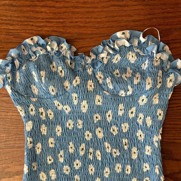 NWT LeLe  Floral Ruffle Mini Dress Blue Size Medium Sweetheart Neckline Smocked - Picture 5 of 16
